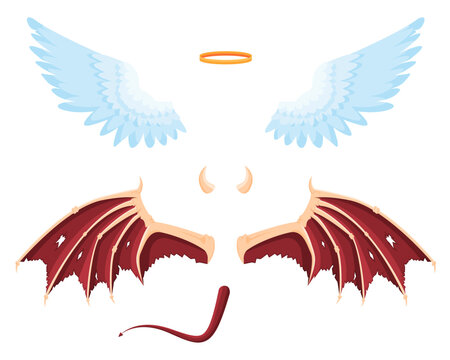 Elements of the angel and devil costume. Good and bad.
Vector illustration cartoon flat icon isolated on white background.