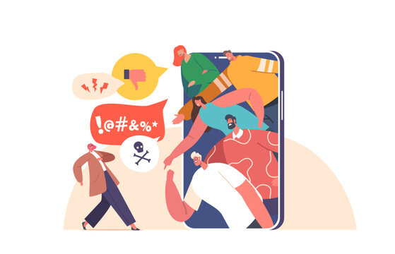 Cyber Bullying Social Problem. Cyberbullying Attack, Bully Network Abuse and Harassment Concept. Haters on Smartphone