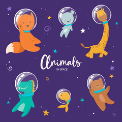 Cartoon collection of cute animals in space