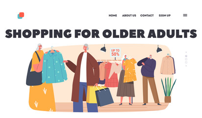 Shopping for Older Adults Landing Page Template. Senior Buyers Characters at Seasonal Sale or Discount in Outlet