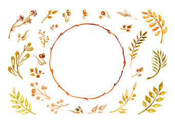Hand drawn watercolor illustration. Set of fall leaves, acorns, berries, spruce branch. Forest design elements. Hello Autumn. Perfect for seasonal advertisement, invitations, cards
