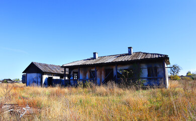 Wooden architecture in abandoned shooting site of Kyivtelefilm in village of Nezhilovychy, Kyiv region, Ukraine