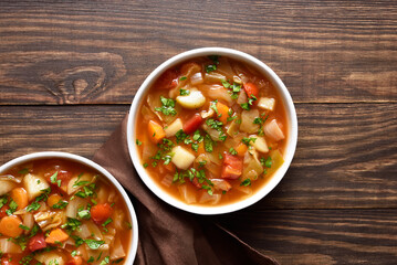 Cabbage soup in bowls