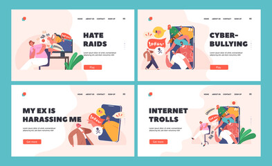 Cyberbullying Harassment Landing Page Template Set. Cyber Bullying Problem. Haters on Computer or Smartphone Screen