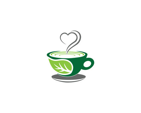 Natural Green Tea Cup With Leaves Logo Design Symbol. Natural Drink In Cup Vector Illustration.