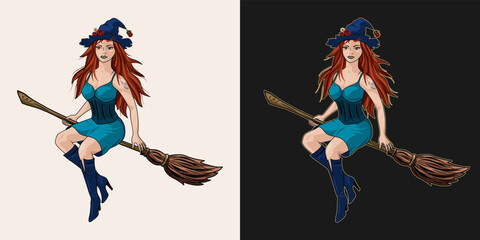 Beautiful girl with long red hair, tattoo, in hat, knee high boots, fitting dress. Pretty young witch flying on broom. Isolated vector illustration  in vintage style.