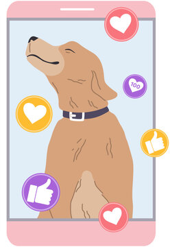 Mobile phone application, social media for pet owners. Program for sharing photos of cats and dogs. Modern app for smartphone, social network for pets. Dog selfie with likes and comments on screen