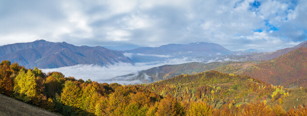 Foggy early morning autumn mountains scene. Peaceful picturesque traveling, seasonal, nature and countryside beauty concept scene. Carpathian Mountains, Ukraine.