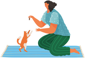 Pet owner female character plays with cat, conducts training session with him. Caring for four-footed friend. Tomcat and happy woman, friends. Fun domestic animal, human feeding companion at home