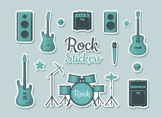 Obraz premium Set of 3d stickers with musical instruments for rock concert on turquoise background. Acoustic, electric and bass guitar, amplifyer, drum kit, sound speakers and microphone. Vector illustration