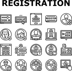 registration login website form icons set vector. register web, user online, business computer, digital internet, application password registration login website form black contour illustrations
