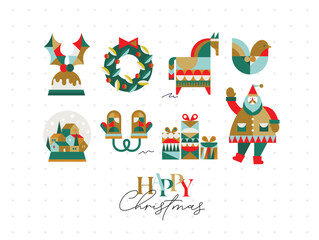 Set of Christmas symbols in cubism style gloves, wreath, gifts, winter snow globe, bird, horse, Santa drawing on light background