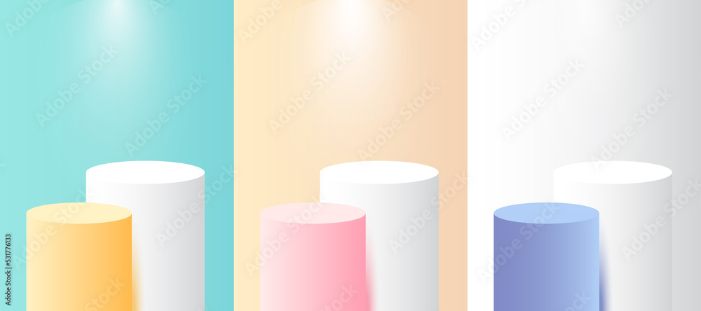 Aufkleber Set podium realistic 3d cylinder pedestal podium with circle neon lamp background. Abstract vector rendering geometric forms. Minimal scene. Stage showcase