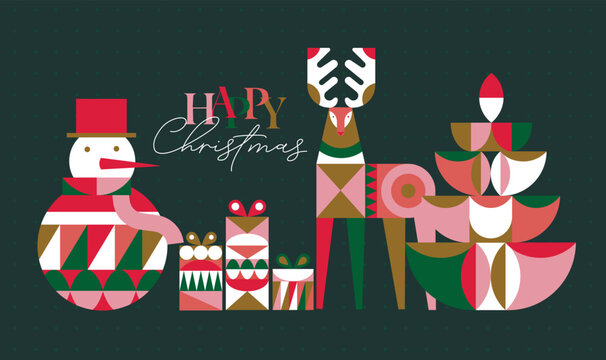 Poster snowman, present box, deer, tree lettering happy Christmas in cubism style drawing on green background