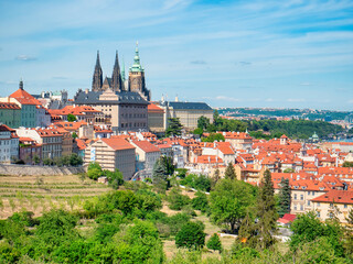 Fototapeta premium Prague, Czech Republic - June 2022: Beautiful view with the St. Vitus Cathedral located in Prague Castle. close up detail.