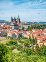 Prague, Czech Republic - June 2022: Beautiful view with the Prague Castle. close up detail.