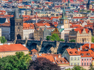 Fototapeta na wymiar View from above with the famous Charles Bridge over Vltava river in Prague, Czech Republic