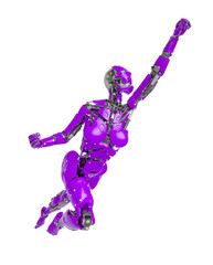 cyborg girl is flying up super fast on white background
