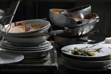 catering - kitchen - dirty dishes and dishes - obrazy, fototapety, plakaty