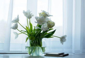 White tulips in a glass vase on a table near a window with a curtain