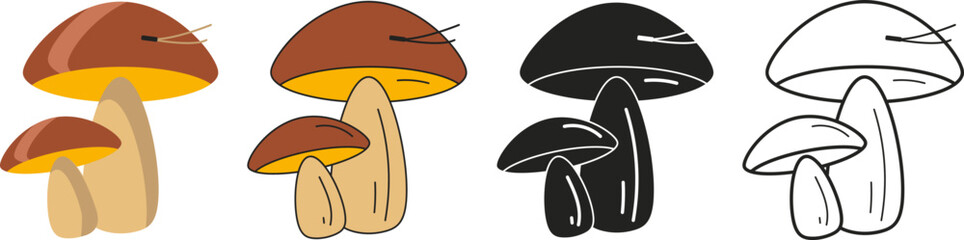 autumn mushrooms illustration in flat style, line art,  silhouette and colored icons