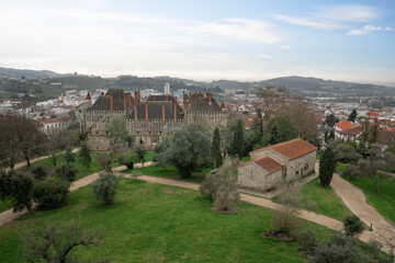 Aerial view of Sacred Hill with Palace of the Dukes of Braganza and Church of Sao Miguel do Castelo...