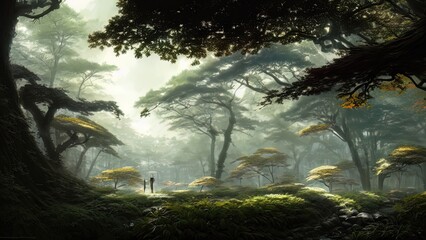 Dark Japanese garden with big old trees, Japanese forest, park. Fantasy landscape, dense forest landscape. 3D illustration.