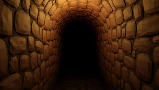 3d cartoon underground tunnel. Movement through catacombs of the old castle. Looped 3d animation.