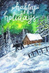 Christmas greeting card. Winter night forest with a hut in the snow, a fence and a walking bear. Fabulous landscape with Happy holidays lettering
