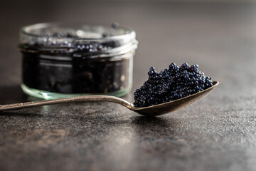 Fototapeta na wymiar Black caviar in silver spoon on dark table.