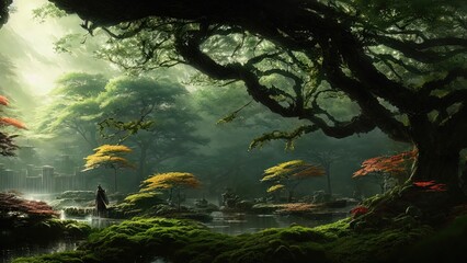 Fototapeta na wymiar Dark Japanese garden with big old trees, Japanese forest, park. Fantasy landscape, dense forest landscape. 3D illustration.