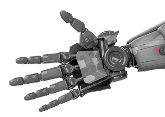 close up on the open hand of the mega robot in white background