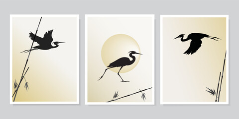 Birds herons (storks, cranes), reeds and the sun isolated on light gray background. Vector silhouette wall art drawings set for wall design, wallpapers, poster, covers, other. - obrazy, fototapety, plakaty