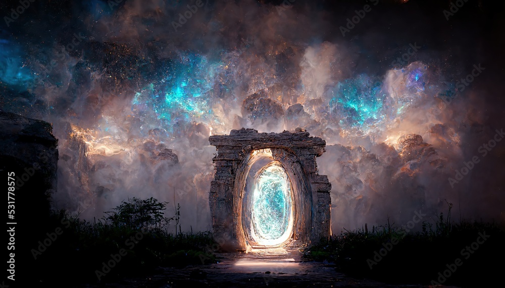 Poster raster illustration of stone portal in the middle of the cloudy sky at night. source of power, telep