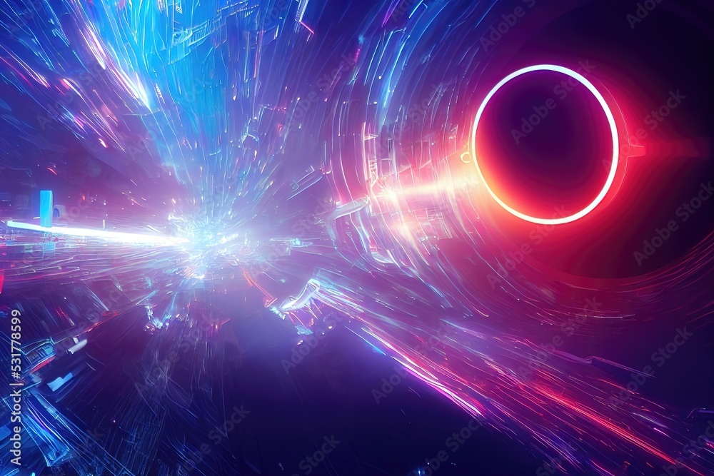 Poster Raster illustration of abstract background of neon lines and circles in blue colors. Technology concept, patterns, matrix input, background for programmers. Futurism concept. 3d rendering