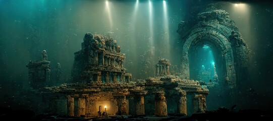 Raster illustration of underwater sunken ancient city. Ruins of an ancient civilization, treasures of atlantis, diving, catacombs, ocean, sea, bay, gate to the city. 3d rendering artwork - obrazy, fototapety, plakaty