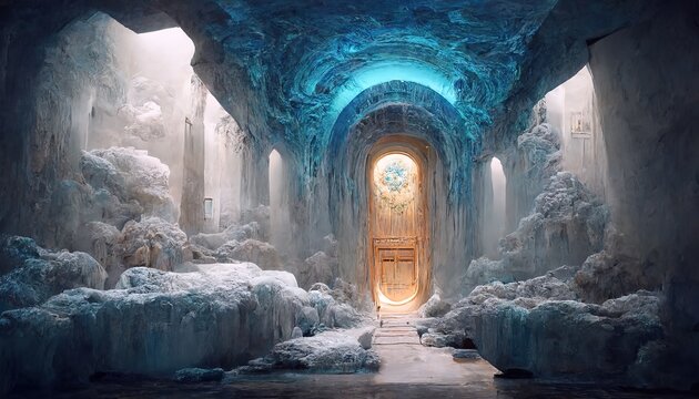 Raster illustration of beautiful granite arch in a cave with a big door. Portal to another world, magical realism, marble columns, magis ctone, fantasy, blue neon color. Futurism concept. 3d artwork