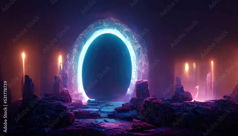 Poster raster illustration of magical neon blue stone portal with abstract patterns and dark path. magic re