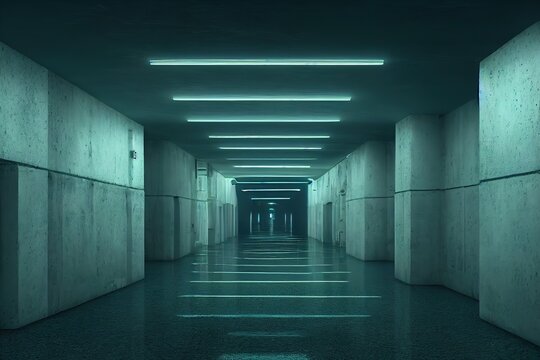 Raster illustration of Luminous showcases. Underground, subway, Nein lamp, metro, data server, exhibition, technology, bomb shelter, cyberpank, parallel world. Metaverse concept. 3D artwork