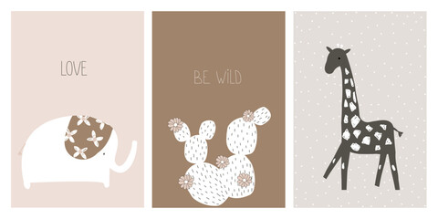 Set of cute childish pastel cards or poster with elephant, giraffe and cactus. Vector hand drawn illustration.