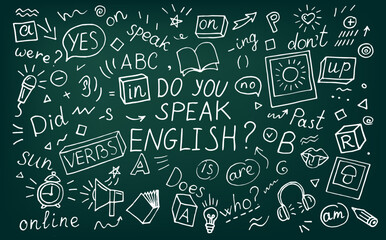 Do you speak English? English language learning concept vector illustration. Doodle of foreign language education course for home online training study. Background design with english word art - obrazy, fototapety, plakaty