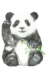 Naklejka premium Watercolor baby panda with bamboo illustration, cute animal drawing, chinese hat, nursery decor,print,poster,postcard, baby shower, hand-painted clipart, it's a boy, gender reveal party, neutral, diy