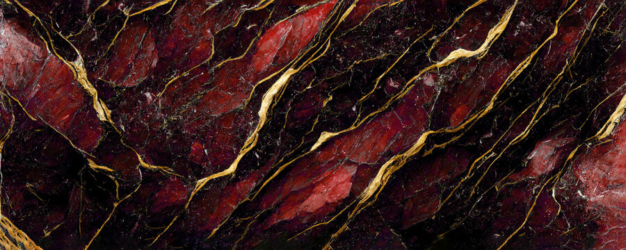 Red Marble with Gold Foil Gaps, smooth stone surface texture, wallpaper, close up of abstract texture with high resolution. generative ai