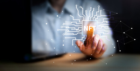 man working computer with nft icon