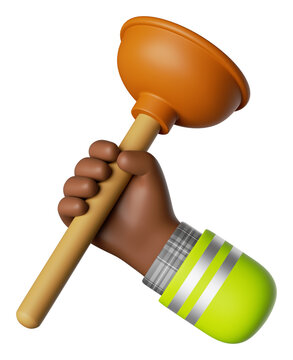 recommend clip art: 3d render, cartoon african human hand with dark skin holds plunger. Professional plumber, construction worker. Toilet cleaning service icon, clip art isolated on white background