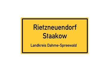 Isolated German city limit sign of Rietzneuendorf Staakow located in Brandenburg