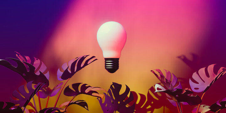 Lightbulb and tropical monstera leaves with neon light - 3D render