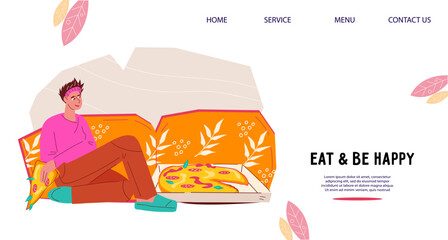 Website banner interface for pizza delivery and fast food order services. Web banner with woman eating pizza at home, flat vector illustration. Take away food concept.