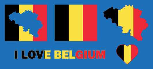 Set of vector illustrations with Belgium flag, country outline map and heart. Travel concept.
