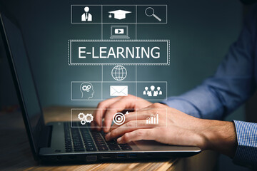 man working computer and E-learning text